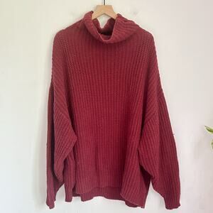 Free People Swim Too Deep Turtle Neck Oversized Knitted Sweater Size L Red
